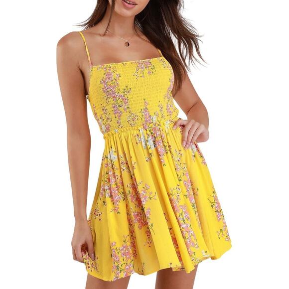 Lulus Fairytale Bliss Yellow Floral Print Skater Dress - Picture 1 of 7